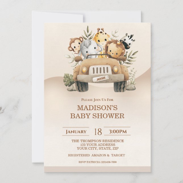 Invitación Baby Shower de animales de la jungla de Safari (Anverso)