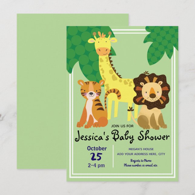 Invitación Baby Shower de animales de la jungla de Safari (Anverso / Reverso)