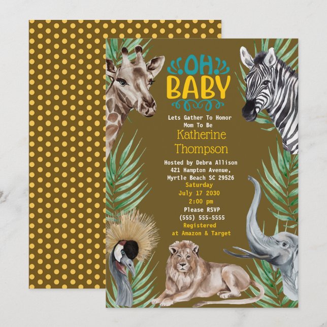 Invitación Baby Shower de animales de la jungla de safari ama (Anverso / Reverso)