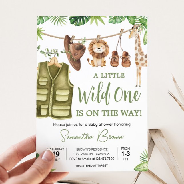 Invitación Baby Shower de animales de la jungla de safari tro (Tropical Safari Jungle Animals Clothesline Baby Shower Invitation)