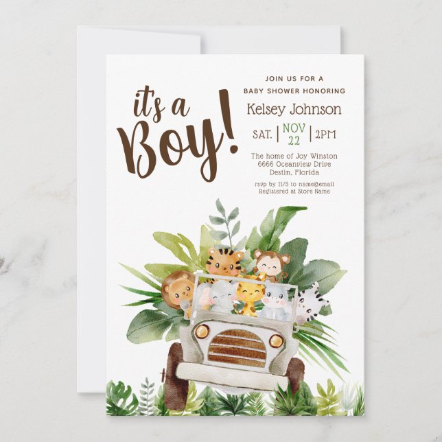 Invitación Baby Shower de animales de la jungla de un niño Sa (Anverso)