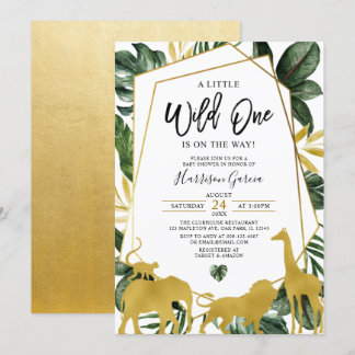 Invitación Baby Shower de animales de la selva dorada geométr