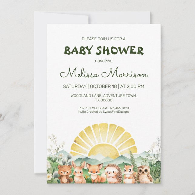 Invitación Baby Shower de animales de los bosques de verano (Anverso)