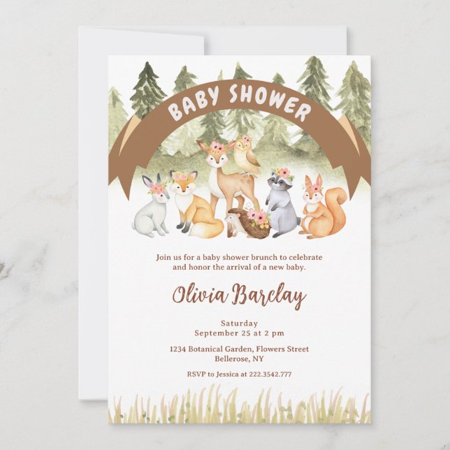 Invitación Baby Shower De Animales De Madera Marrón Y Verde (Anverso)
