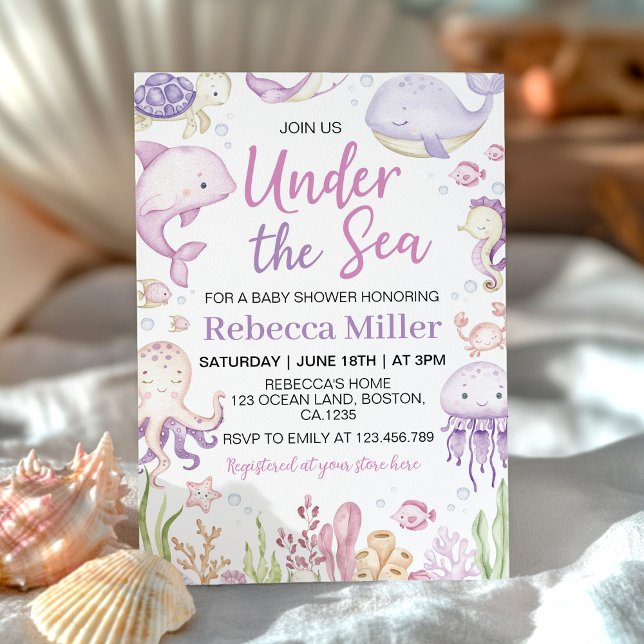 Invitación Baby Shower de animales de océano rosado bajo el m (Subido por el creador)