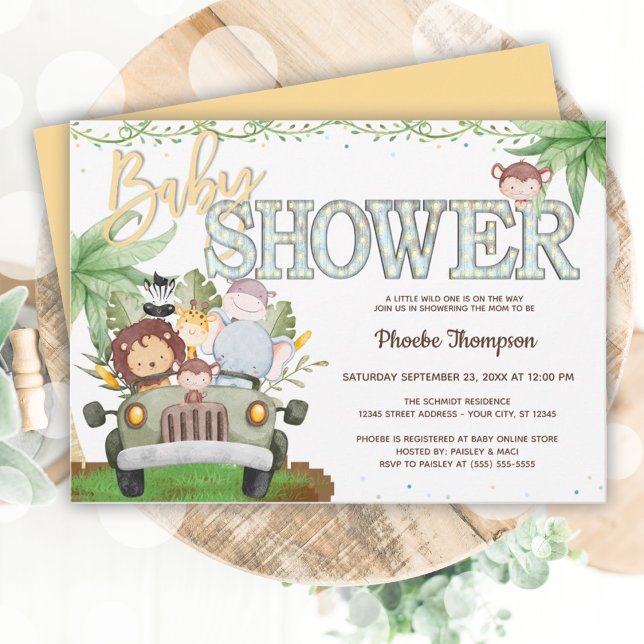 Invitación Baby Shower de animales de safari amarillos (Yellow Safari Animals Baby Shower Invitation)