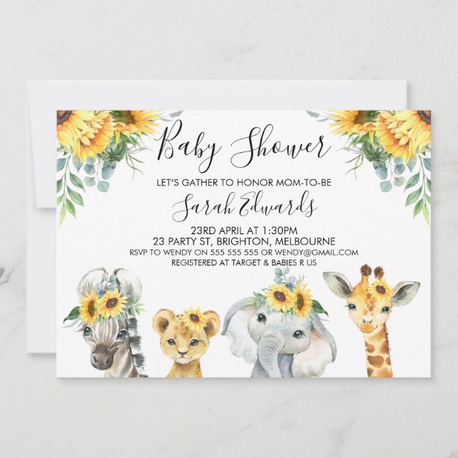 Invitación Baby Shower de animales de safari con flores amari (Anverso)