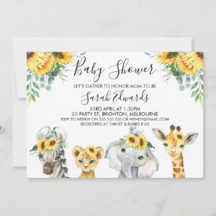 Invitación Baby Shower de animales de safari con flores amari