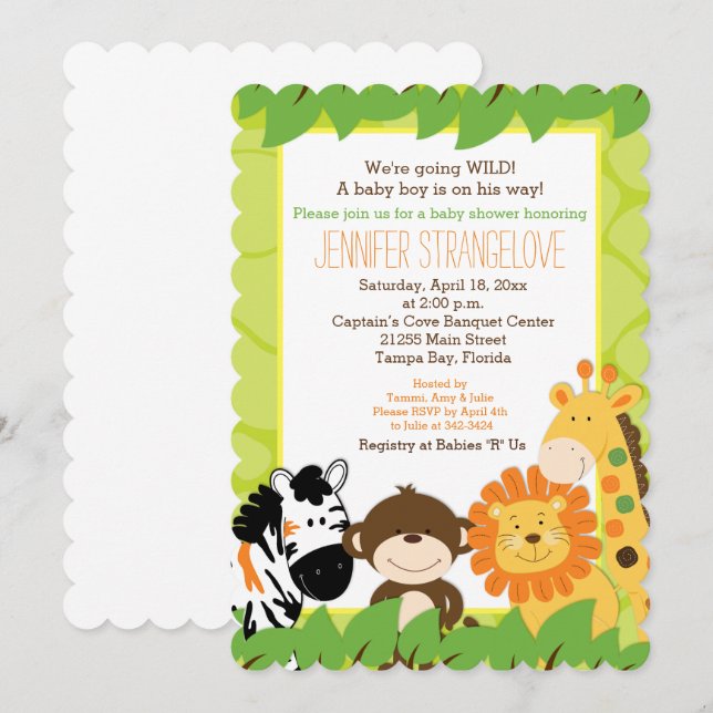 Invitación Baby Shower de animales de Safari de la jungla (Anverso / Reverso)