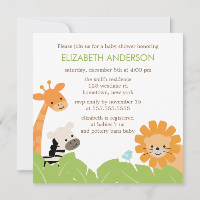 Invitación Baby Shower de animales de Safari de la jungla (Anverso)