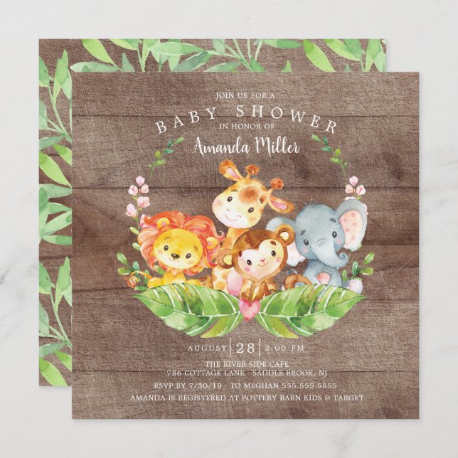 Invitación Baby Shower de animales de Safari de la jungla dul (Anverso / Reverso)
