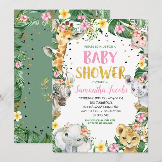 Invitación Baby Shower de animales de Safari de la jungla flo (Anverso / Reverso)