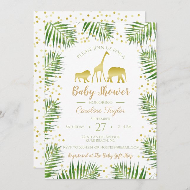 Invitación Baby Shower de animales de safari de oro (Anverso / Reverso)