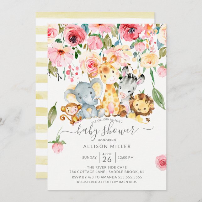 Invitación Baby Shower de animales de Safari Neutral Floral R (Anverso / Reverso)