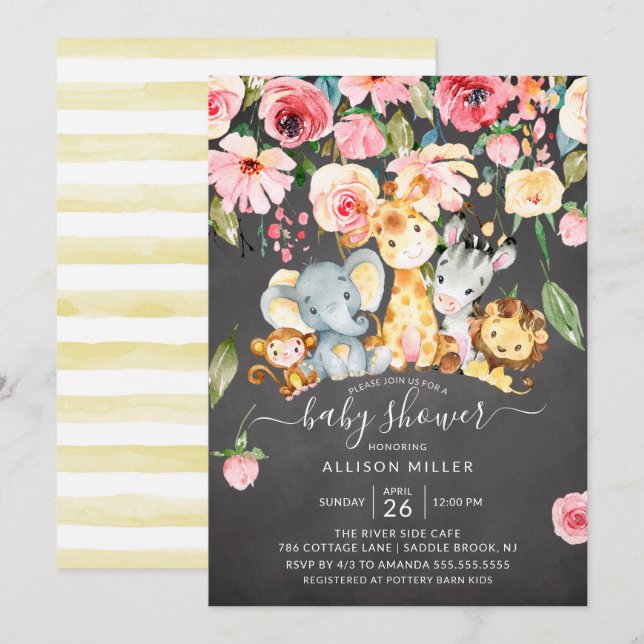 Invitación Baby Shower de animales de Safari Neutral Floral R (Anverso / Reverso)