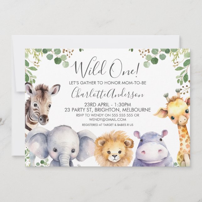 Invitación Baby Shower de animales de Safari Neutrales de Gén (Anverso)