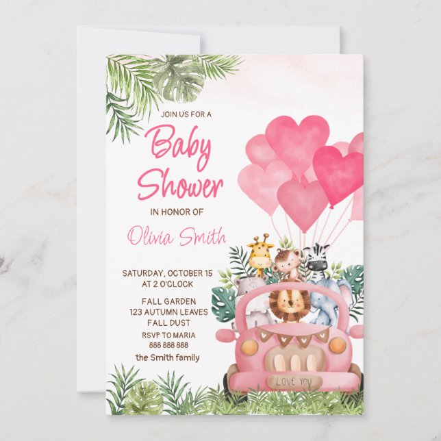 Invitación Baby Shower de animales de safari rosado (Anverso)