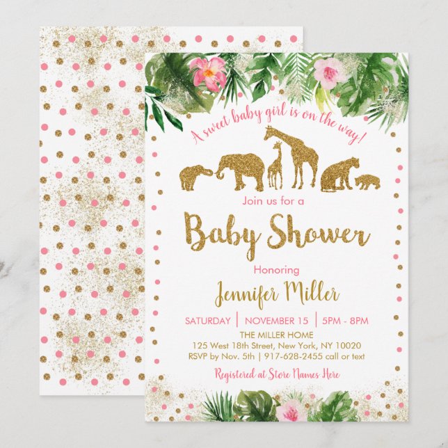 Invitación Baby Shower de animales de safari rosado y dorado (Anverso / Reverso)