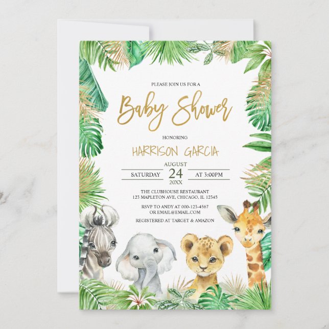 Invitación Baby Shower de animales de safari tropical de la j (Anverso)