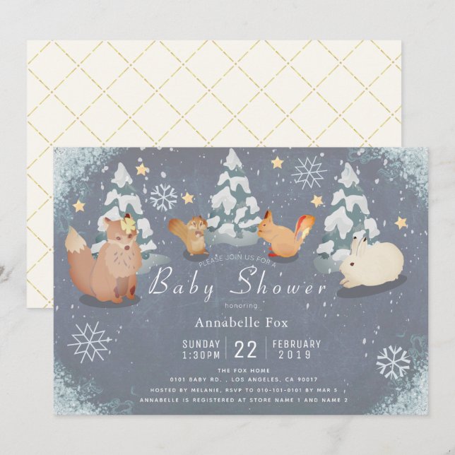 Invitación Baby Shower de Animales de Winter Starry Night Woo (Anverso / Reverso)