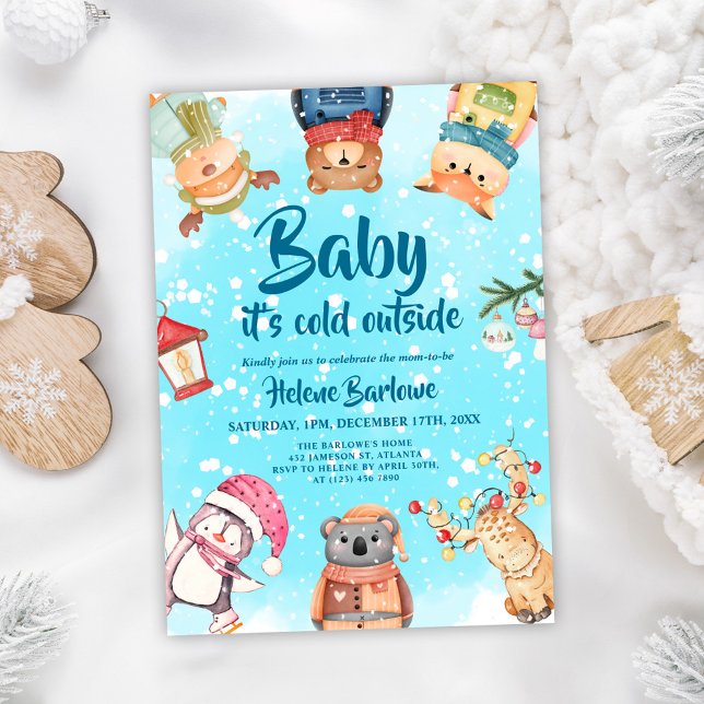 Invitación Baby Shower De Animales De Woodland De Invierno Cu (Playful Cute Winter Woodland Animals Baby Shower Invitation)