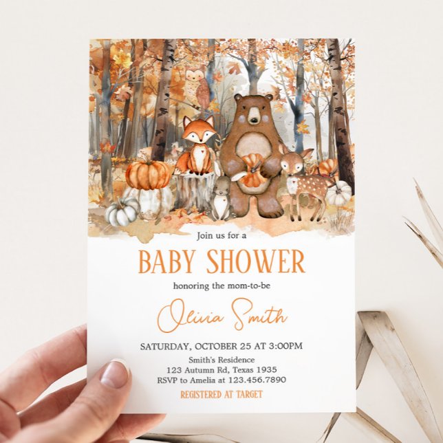 Invitación Baby Shower de animales de Woodland de la calabaza (Fall Autumn Pumpkin Woodland Animals Baby Shower Invitation)