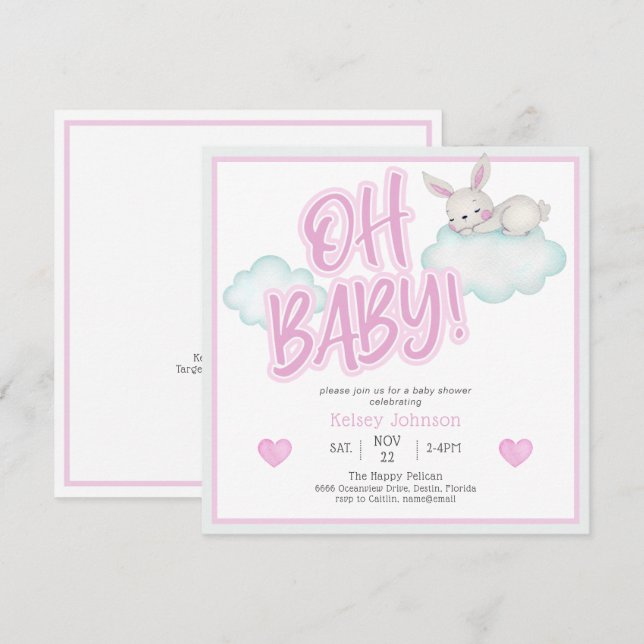 Invitación Baby Shower de animales de Woodland Pink Oh Baby (Anverso / Reverso)