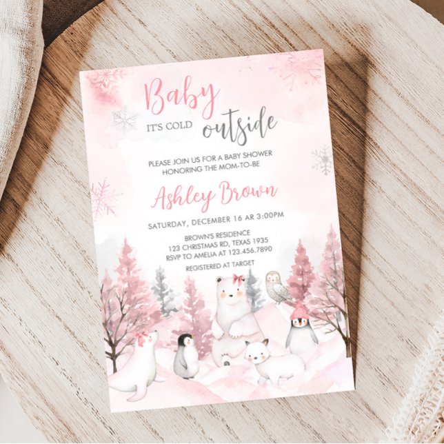 Invitación Baby Shower de animales del Ártico rosado (Girl Winter Baby Shower Invitation)