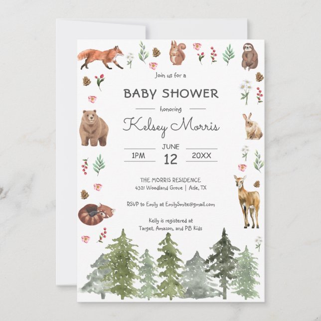 Invitación Baby Shower de animales del bosque de Woodland Wat (Anverso)