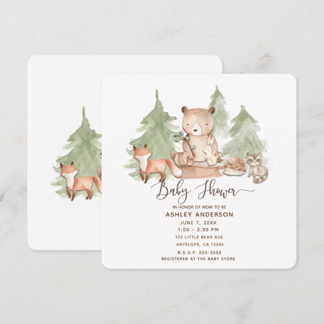 Invitación Baby Shower de animales del bosque de Woodland Wat (Anverso / Reverso)