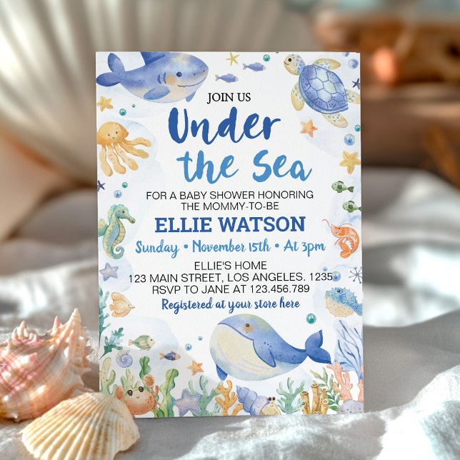 Invitación Baby Shower de animales del océano azul bajo el ma (Subido por el creador)