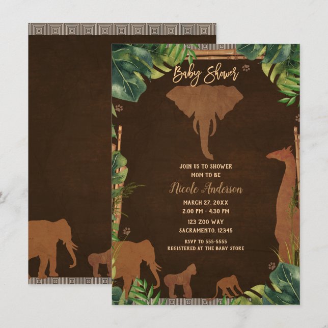 Invitación Baby Shower de animales del zoológico de la jungla (Anverso / Reverso)
