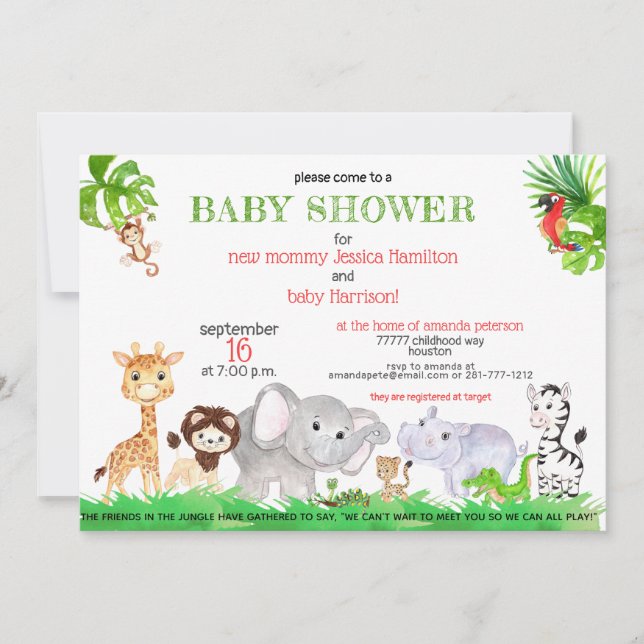 Invitación Baby Shower de animales del zoológico de Safari de (Anverso)