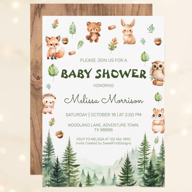 Invitación Baby Shower de animales forestales rústicos de Woo (Woodland Rustic Forest Animals Baby Shower Invitation)