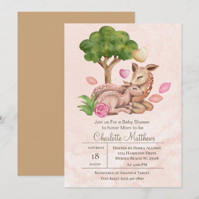 Invitación Baby Shower de animales Mama y Baby Deer Forrest (Anverso / Reverso)