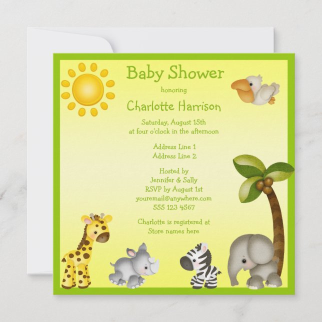 Invitación Baby Shower De Animales Safari Cutos (Anverso)