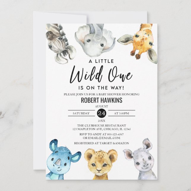 Invitación Baby Shower de Animales Safari Neutral Wild One (Anverso)