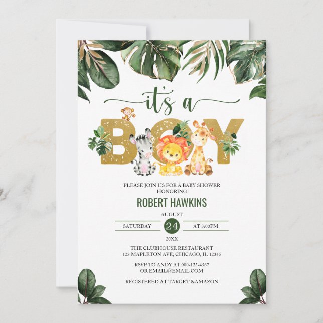 Invitación  Baby Shower de animales salvajes de la jungla (Anverso)