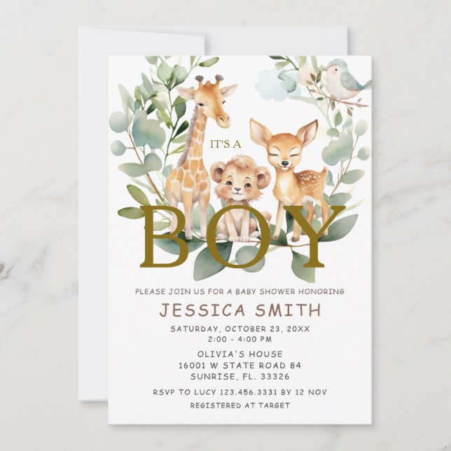 Invitación Baby Shower de animales salvajes de la jungla de n (Anverso)