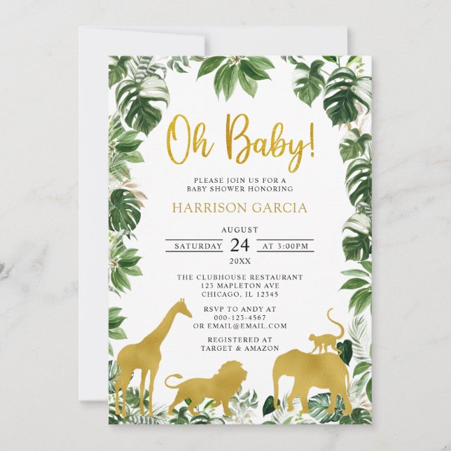 Invitación Baby Shower de animales salvajes de la jungla verd (Anverso)