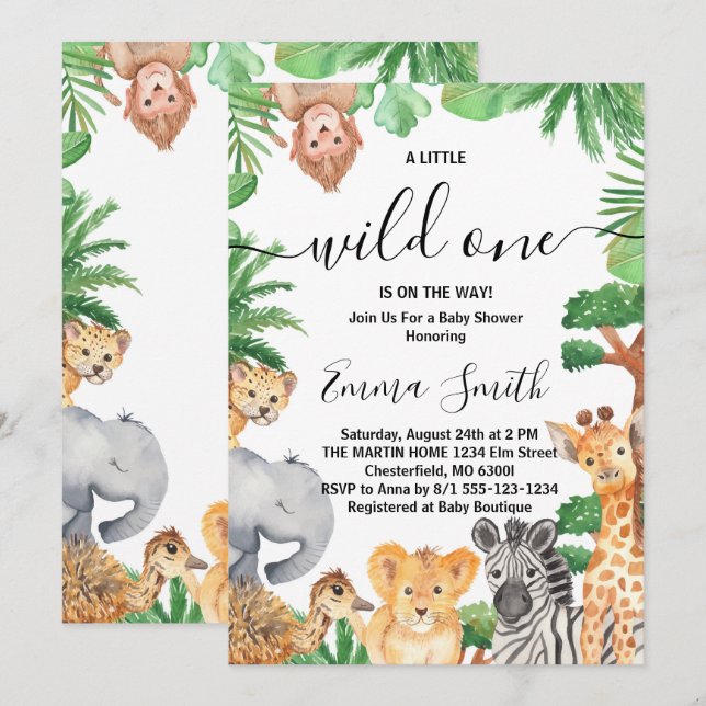 Invitación Baby Shower de animales salvajes de Safari de una  (Anverso / Reverso)