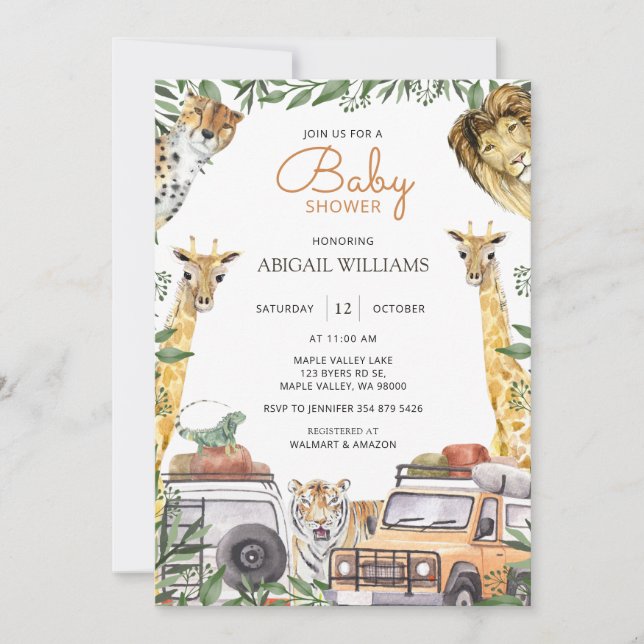 Invitación Baby Shower de animales salvajes de Safari para ca (Anverso)