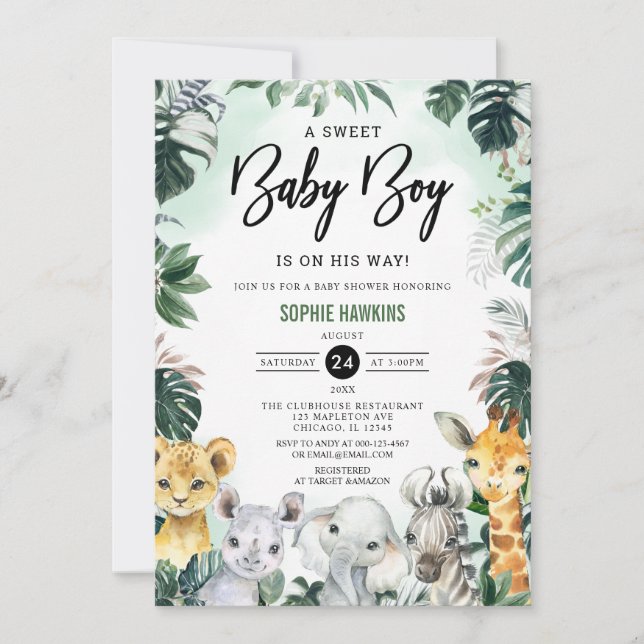 Invitación  Baby Shower de animales salvajes de Safari para l (Anverso)