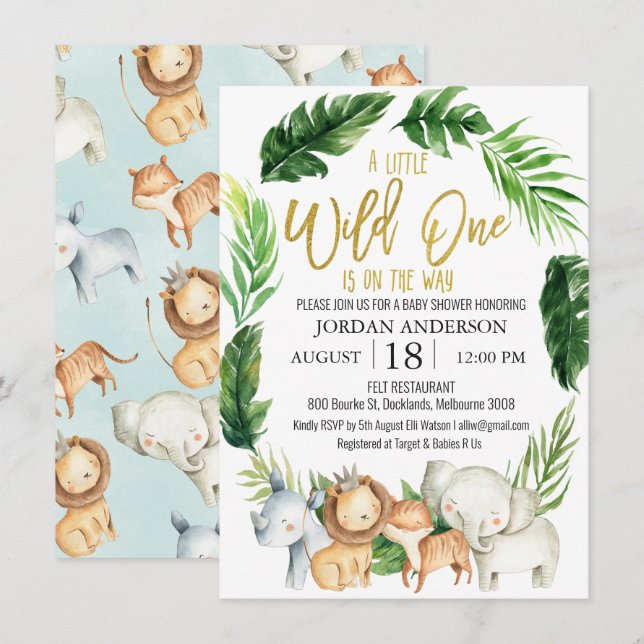 Invitación Baby Shower de animales salvajes de un  (Anverso / Reverso)