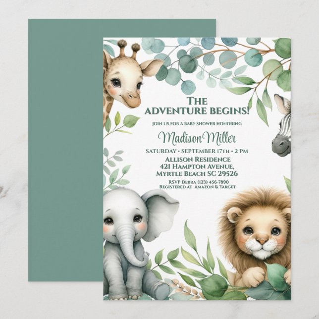 Invitación Baby Shower de animales salvajes neutrales de géne (Anverso / Reverso)