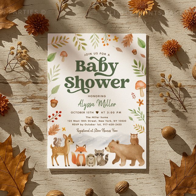 Invitación Baby Shower de animales salvajes neutrales de géne (Sweet woodland animal baby shower invitation in cozy autumn colors 🍁🦔🦊)