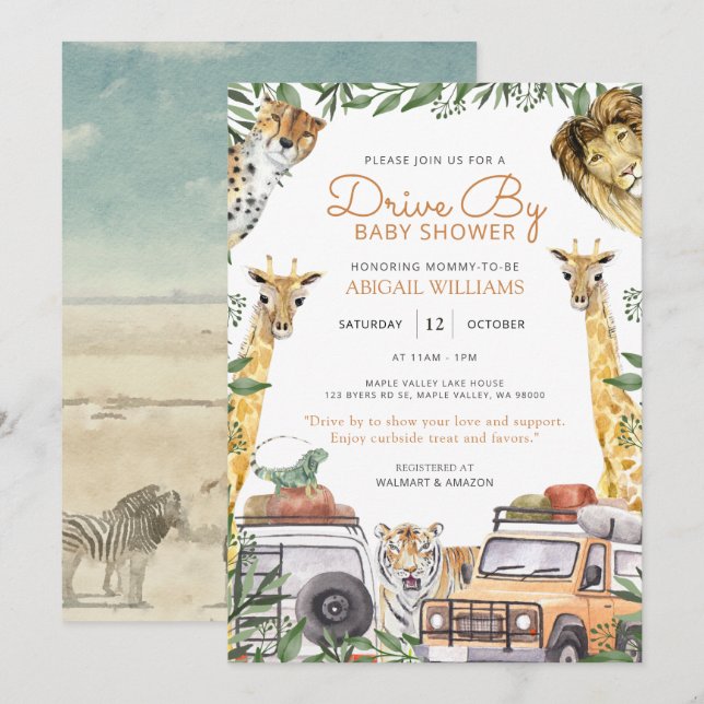 Invitación Baby Shower de animales salvajes Safari conducidos (Anverso / Reverso)