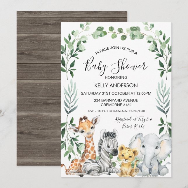 Invitación Baby Shower de animales salvavidas de la floración (Anverso / Reverso)