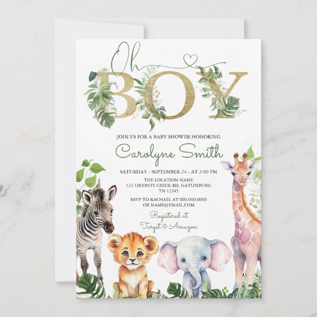 Invitación Baby Shower de animales salvavidas de la jungla tr (Anverso)
