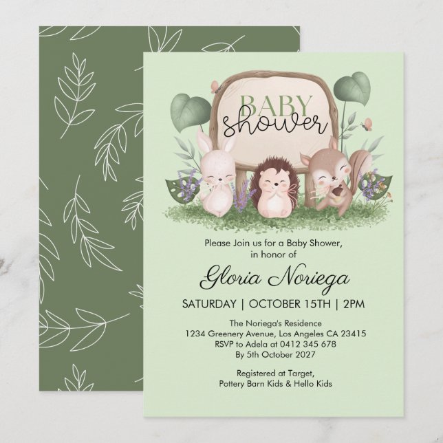 Invitación Baby Shower de Animales Woodland de la vegetación  (Anverso / Reverso)